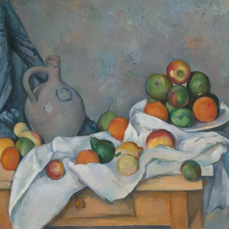 Curtain, Jug and Dish of Fruit